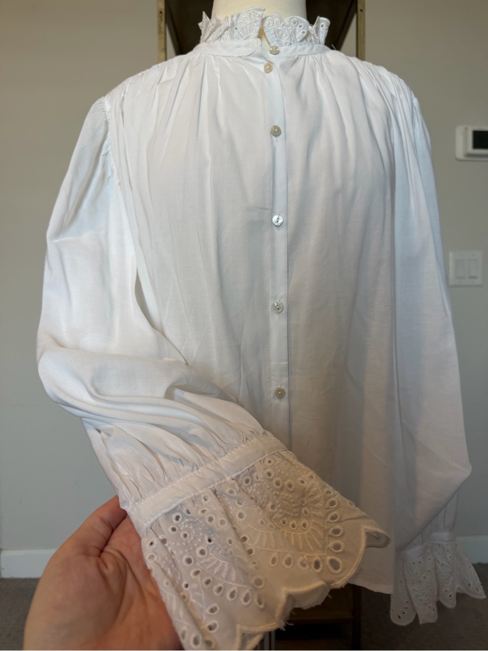 H&M White Lace-Trimmed Victorian Style Women's Dress Shirt